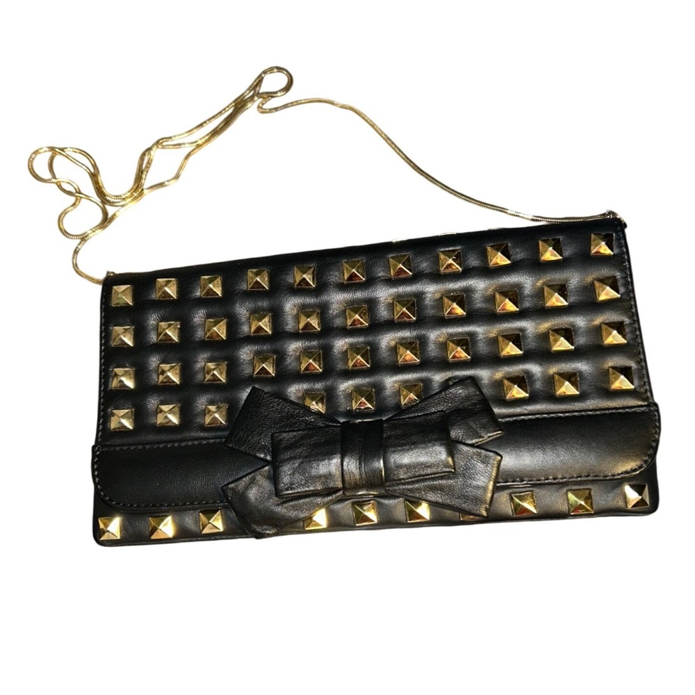 Saks Fifth Avenue Black Leather Studded Bow Clutch Gold Chain Crossbody Bag